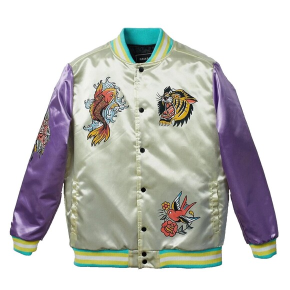 Reason Varsity Jacket Men’s Large Ivory Purple Fearless Tattoo Art Bomber - Picture 1 of 9